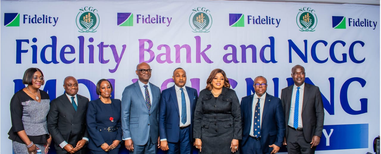 L-R: Executive Director, South Directorate, Fidelity Bank Plc, Pamela Shodipo; Executive Director, Lagos & South West, Fidelity Bank, Dr. Ken Opara; Executive Director, Strategy and Operations, National Credit Guarantee Company Limited (NCGC), Mrs. Tinuola Aigwedo; Executive Director/Chief Risk Officer, Fidelity Bank Plc, Kevin Ugwuoke; MD/CEO, NCGC, Mr. Bonaventure Okhaimo; Managing Director/Chief Executive Officer, Fidelity Bank Plc, Dr. Nneka Onyeali-Ikpe; Executive Director/Chief Operations and Information Officer, Fidelity Bank Plc, Stanley Amuchie; and Executive Director, Risk Management, NCGC, Prof Ezekiel Oseni, during the Memorandum of Understanding (MoU) Signing Ceremony between Fidelity Bank and NCGC in Lagos.